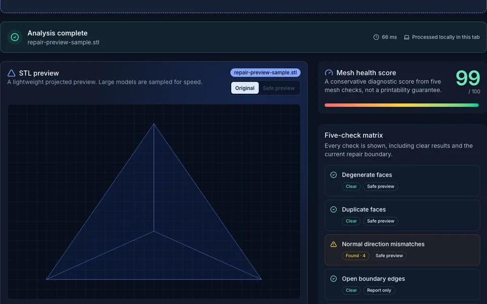Actual STLRepair analysis screen with mesh preview, health score, and five-check matrix