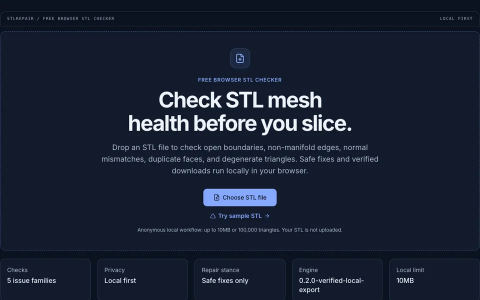 Actual STLRepair upload screen before a local browser check