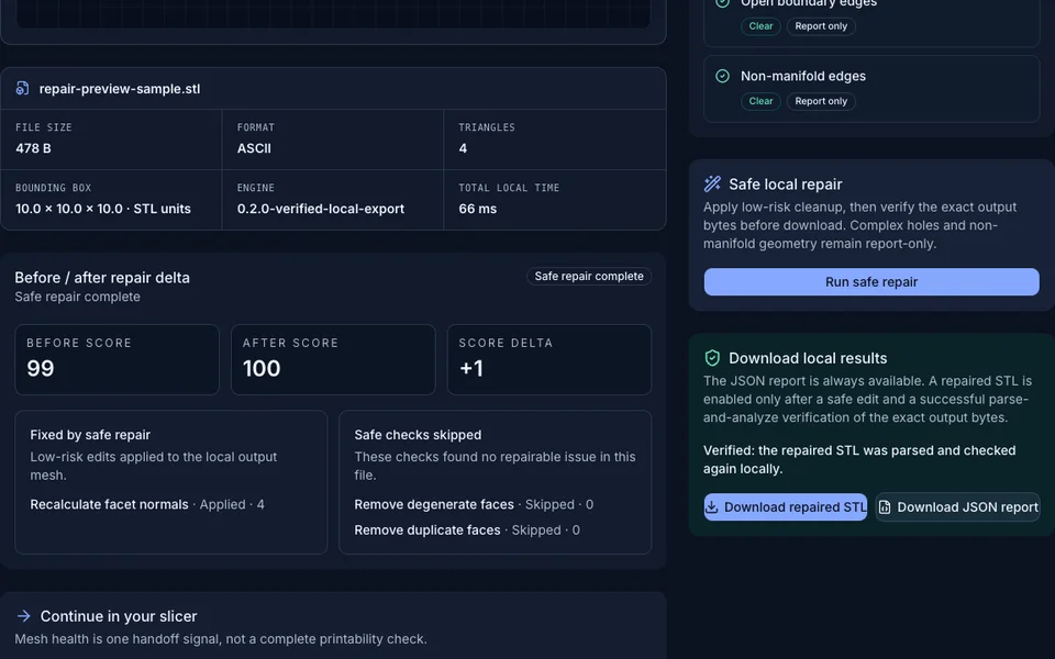 Actual STLRepair repair summary with verified local STL and JSON downloads
