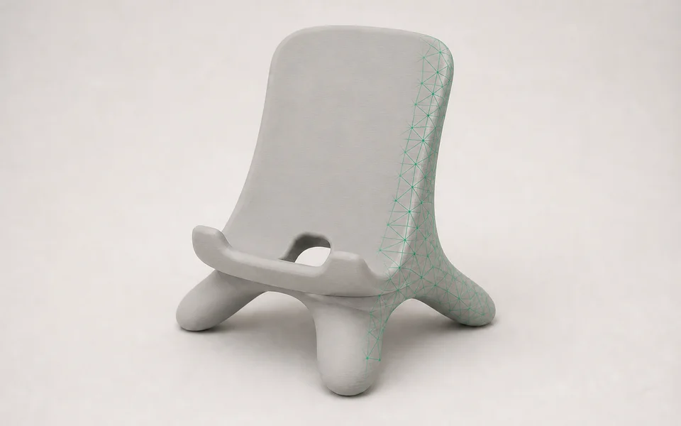 The same phone stand with a restrained mesh overlay during local inspection