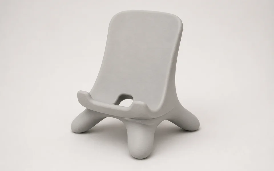 A matte resin phone stand presented in a clean studio before local inspection